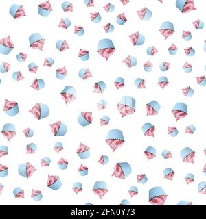 Nahtloses Muster mit verschiedenen Cupcakes auf weißem Hintergrund. Süßes Gebäck mit Herz, Kirsche, Blume und Stern. Stock Vektor