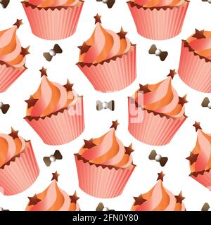 Nahtloses Muster mit verschiedenen Cupcakes auf weißem Hintergrund. Süßes Gebäck mit Herz, Kirsche, Blume und Stern. Stock Vektor