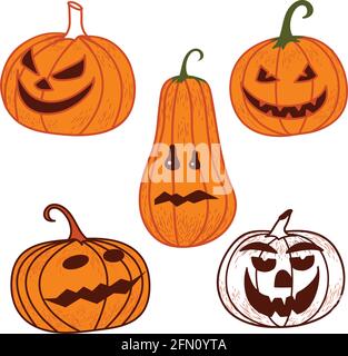 Sammlung von Kürbissen für Halloween gezeichnet im Skizzenstil. Kürbisse mit Augen. Vektorgrafik. Stock Vektor