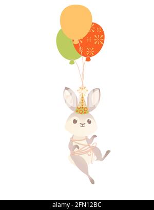 Niedlichen grauen Hasen mit Kegelhut fliegen auf Luftballons Karikatur Vektorgrafik Tierdesign auf weißem Hintergrund Stock Vektor