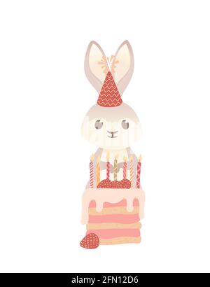 Cute grauen Hase mit Kegelhut bereit zu essen lecker Erdbeerkuchen Cartoon Tier Design Vektor Illustration auf weißem Hintergrund Stock Vektor