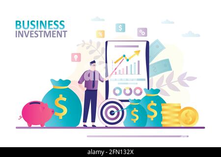 Businessman präsentiert neue Strategie und Statistiken, Analysen und Diagramme. Konzept Investition und Budgetplanung.Banner zum Thema Business. Sparschwein, Stock Vektor