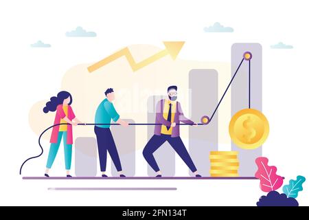 Die Menschen heben goldene Münze mit einem Seil. Gewinn und Einkommen steigen. Teamarbeit, Geschäftsleute arbeiten zusammen. Wachstumsdiagramm und Büromitarbeiter oder Mitarbeiter Stock Vektor