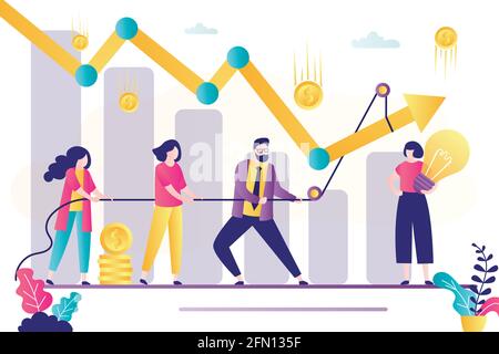 Geschäftsteam mit Seilzug-Falldiagramm. Krisenmanagement, Steigerung von Gewinn und Einkommen. Büroleute arbeiten zusammen. Teamarbeit und Brainstorming Stock Vektor