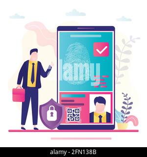 Fingerabdruckerkennung. Großes Handy, Geschäftsmann legt Finger auf den Bildschirm. Smartphone-Anwendung zur Sicherheitskontrolle. Benutzerprofil mit Daten. Stock Vektor