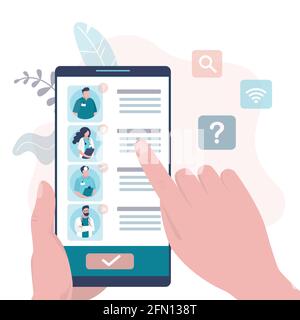 Telefonbildschirm mit dem ausgewählten Therapeuten. Fachwahl per Smartphone. Porträts von Ärzteteams. Konzept der medizinischen Dienstleistungen und Gesundheitsversorgung. Mobile App Stock Vektor