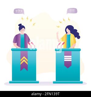 Debatte, zwei Sprecherinnen. Politische Reden, Debatten, Rhetorik. Weibliche Politiker sprechen emotional. Menschen auf dem Podium sprechen in Mikrofone. Elektr Stock Vektor