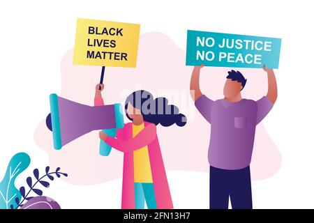 Schwarze Leben Materie Bewegung. afroamerikanische Menschen halten Plakate mit Slogans. Demonstranten mit Lautsprechern und Brettern. Figuren in angesagtem Stle. Fl Stock Vektor