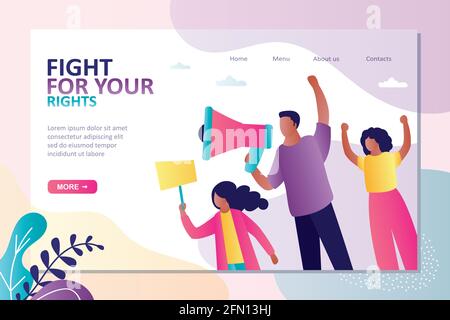 Konzept von Streik und Protest. Vorlage für Landing-Page. afroamerikanische Familie mit Lautsprecher und Poster auf Demonstration. Aktivisten gegen Injustic Stock Vektor