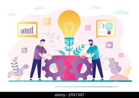 Teamarbeit, Brainstorming-Konzept. Neues Projekt, Büroarbeit. Büroangestellte bewegen große Gänge. Männliche Mitarbeiter generieren neue Ideen und Pläne.Geschäftsleute char Stock Vektor