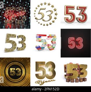 Set von 53 Jahren Geburtstag. Nummer 53 Grafikdesign-Element. Vorlagen für Jubiläumsnummern für Ihre Geburtstagsfeier. 3D-Illustration Stockfoto