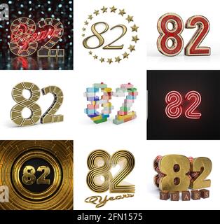 Set von zweiundachtzig Jahren Geburtstag. Nummer 82 Grafikdesign-Element. Vorlagen für Jubiläumsnummern für Ihre Geburtstagsfeier. 3D-Illustration Stockfoto