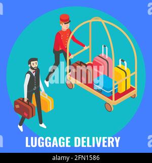 Hotelportier hilft dem Gast mit seinem Gepäck, flache Vektor-isometrische Illustration. Gepäckausgabe, Hotelservice. Stock Vektor