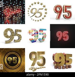 Set von fünfundneunzig Jahren Geburtstag. Nummer 95 Grafikdesign-Element. Vorlagen für Jubiläumsnummern für Ihre Geburtstagsfeier. 3D-Illustration Stockfoto