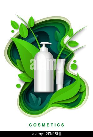 Kosmetische Verpackung Flasche mockup, Papier geschnitten grün floralen Hintergrund Vektor-Illustration. Vorlage für Anzeigen von Hautpflegeprodukten. Stock Vektor
