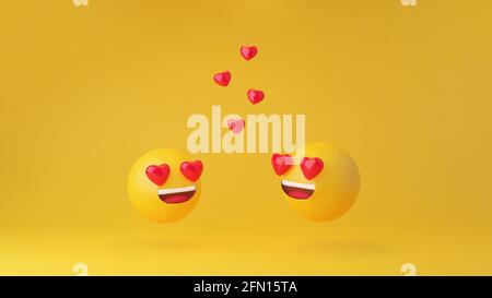 In Love Emoticon gelber Kopf auf gelbem Studiohintergrund. 3d-Rendering. Stockfoto