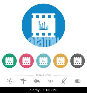 Film klingt flach weiße Symbole auf runden farbigen Hintergründen. 6 Bonus-Symbole enthalten. Stock Vektor