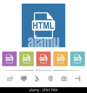 HTML-Dateiformat flache weiße Symbole in quadratischen Hintergründen. 6 Bonus-Symbole enthalten. Stock Vektor
