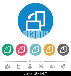 Drehen Sie flache weiße Symbole auf runden farbigen Hintergründen nach links. 6 Bonus-Symbole enthalten. Stock Vektor
