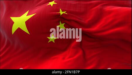 Nahaufnahme der Nationalflagge der Volksrepublik China, die im Wind winkt. Selektiver Fokus. Stockfoto