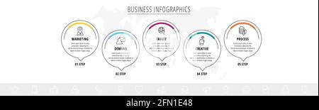 Vektor-Infografiken fünf Kreise mit Pfeilen. Liniengeschäftskonzept mit 5 Schritten, Optionen. Infografik-Vorlage für Diagramm, Web, Banner, Präsentationen Stock Vektor