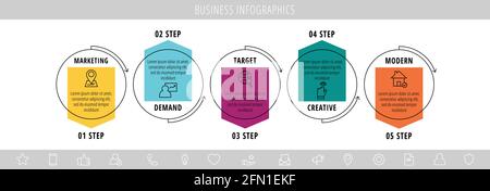 Vektor-Infografiken fünf Kreise mit Pfeilen. Liniengeschäftskonzept mit 5 Schritten, Optionen. Infografik-Vorlage für Diagramm, Web, Banner, Präsentationen Stock Vektor