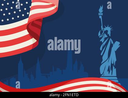 Banner mit Flagge und Freiheitsstatue. Konzeptkunst des US-Feiertags. Stock Vektor