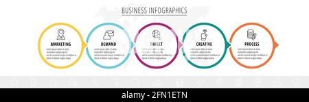 Vektor-Infografiken fünf Kreise mit Pfeilen. Liniengeschäftskonzept mit 5 Schritten, Optionen. Infografik-Vorlage für Diagramm, Web, Banner, Präsentationen Stock Vektor