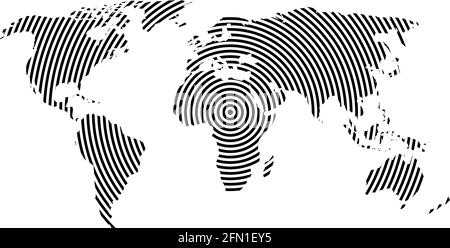 Weltkarte mit schwarzen konzentrischen Ringen auf weißem Hintergrund. Weltweit Kommunikation Funkwellen Konzept modernes Design Vektor Tapete Stock Vektor