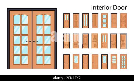 Innentüren in brauner Farbe. Große Sammlung von Vektor-Türen. Türen mit oder ohne Glas. Realistische Vektordarstellung isoliert auf weißem Hintergrund Stock Vektor