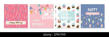 Happy Birthday Grußkarte Set und Party Einladung Vorlagen, mit Eis, Donut und Muffin-Muster. Geburtstag Süßigkeiten und Leckereien. vektor Stock Vektor