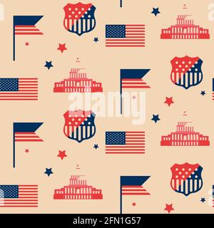 Nahtloses Muster mit amerikanischer Flagge und US Capitol. Textur mit USA-Symbolen im flachen Stil. Stock Vektor