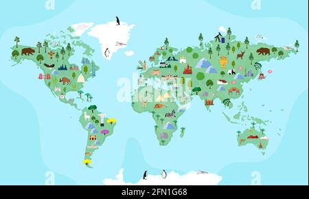 Bebilderte Weltkarte mit Cartoon-Tieren für Kinder. Kontinente, Tiere, Pflanzen für Vorschulkinder, Schulkinder, Heimunterricht. Stock Vektor