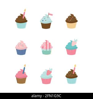 Set von niedlichen Vektor Cupcakes und Muffins. Köstliche Cupcakes und Vector Streusel Muffin Set Stock Vektor