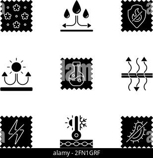 Stoffeigenschaften schwarze Glyphen-Symbole auf weißem Raum gesetzt Stock Vektor