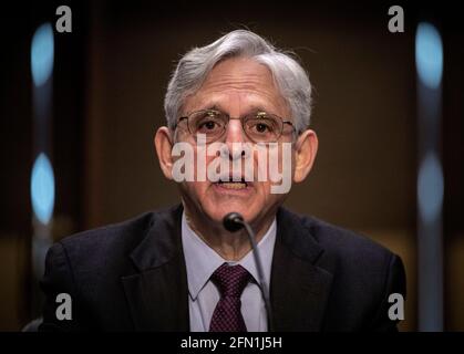 (210513) -- WASHINGTON, 13. Mai 2021 (Xinhua) -- der US-Generalanwalt Merrick Garland bezeugt vor einer Anhörung des Senats-Zuschussausschusses zur Untersuchung des gewalttätigen Extremismus in Amerika in Washington, DC, USA, am 12. Mai 2021. (Bill O'Leary/Pool via Xinhua) Stockfoto