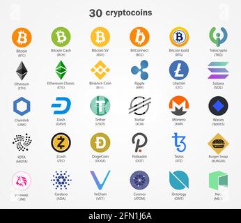 Kryptowährung Vektor Münzen Symbole isoliert auf weißem Hintergrund. Stock Vektor