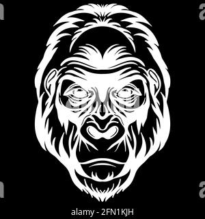 Mascot. Kopf von Gorilla. Vektor-Illustration weiße Farbe Vorderansicht des Affen isoliert auf schwarzem Hintergrund. Für Dekoration, Druck, Design, Logo, Sport Stock Vektor