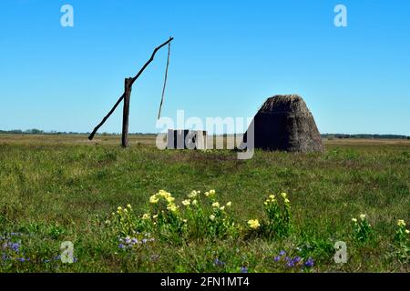 Österreich, Rastplatz mit traditionellem alten Ziehbrunnen und Strohjurt im Neusiedler See-Seewinkel Nationalpark Teil der eurasischen Steppe im Burgenland und Stockfoto