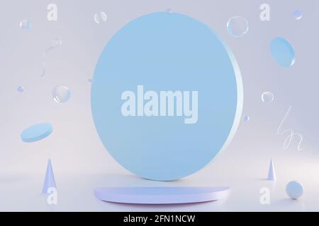 3D Neonglas geometrischen Formen schweben in der Ecke des Raumes. Das Podium ist gut für Mockup. 3d-Illustration Stockfoto
