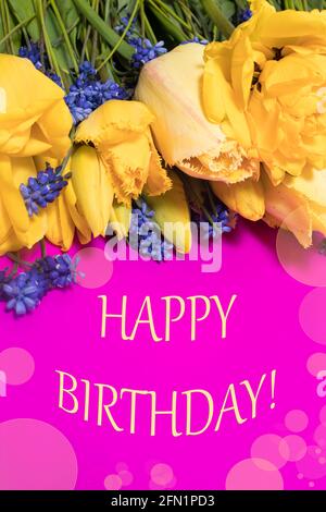 Rosafarbenes vertikales Banner mit der Aufschrift Alles Gute zum Geburtstag. Auf einem Hintergrund von gelben Blumen Tulpen Stockfoto
