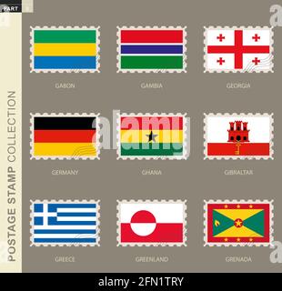 Briefmarke mit Flagge, Sammlung von 9 Flaggen: Gabun, Gambia, Georgien, Deutschland, Ghana, Gibraltar, Griechenland, Grönland, Grenada Stock Vektor