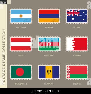 Briefmarke mit Flagge, Sammlung von 9 Flaggen: Argentinien, Armenien, Australien, Österreich, Aserbaidschan, Bahrain, Bangladesch, Barbados, Weißrussland Stock Vektor