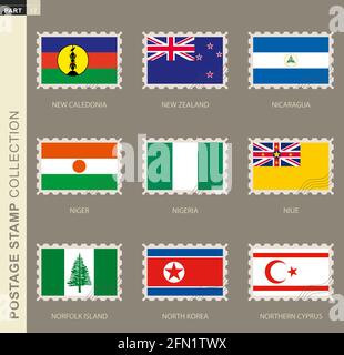 Briefmarke mit Flagge, Sammlung von 9 Flaggen: Neukaledonien, Neuseeland, Nicaragua, Niger, Nigeria, Niue, Norfolk Island, Nordkorea, Nordkoreas Stock Vektor