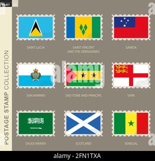 Briefmarke mit Flagge, Sammlung von 9 Flaggen: St. Lucia, St. Vincent und die Grenadinen, Samoa, San Marino, Sao Tome und Principe, Sark, Saudi Ar Stock Vektor