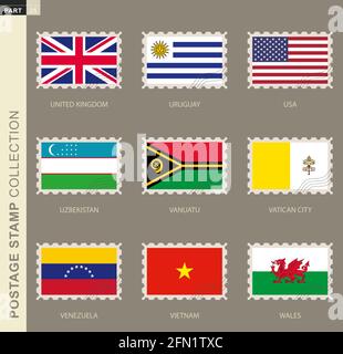 Briefmarke mit Flagge, Sammlung von 9 Flaggen: Vereinigtes Königreich, Uruguay, USA, Usbekistan, Vanuatu, Vatikanstadt, Venezuela, Vietnam, Wales Stock Vektor