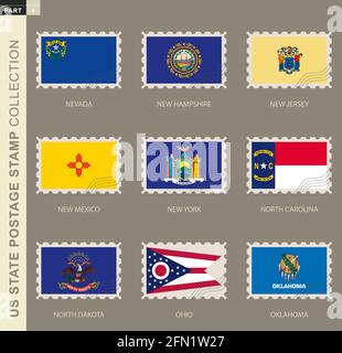 Briefmarke mit US-Bundesstaaten-Flagge, Sammlung von 9 US-Bundesstaaten-Flagge: Nevada, New Hampshire, New Jersey, New Mexico, New York, North Carolina, North Dak Stock Vektor