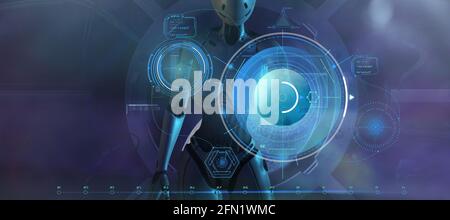 Ein fremder Roboter arbeitet mit Daten in der Umlaufbahn des Mondes. 3D-Rendering Stockfoto