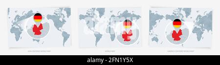 Drei Versionen der Weltkarte mit der vergrößerten Karte von Deutschland mit Flagge. Europa, Asien und Amerika zentrierte Weltkarten. Stock Vektor