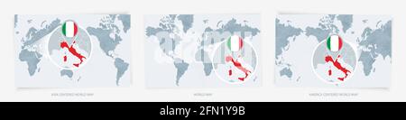 Drei Versionen der Weltkarte mit der vergrößerten Karte von Italien mit Flagge. Europa, Asien und Amerika zentrierte Weltkarten. Stock Vektor